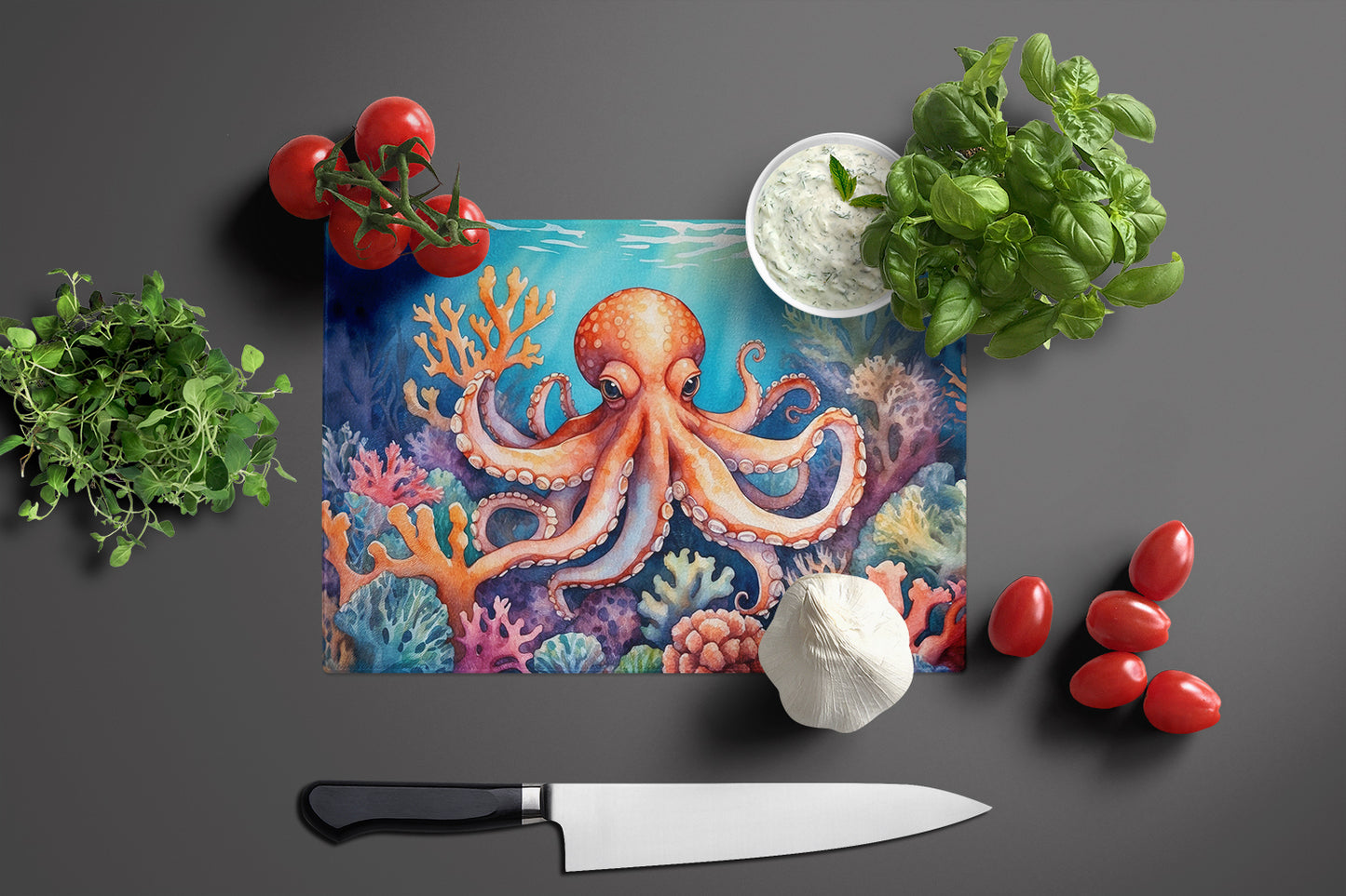 Octopus Among Coral Glass Cutting Board