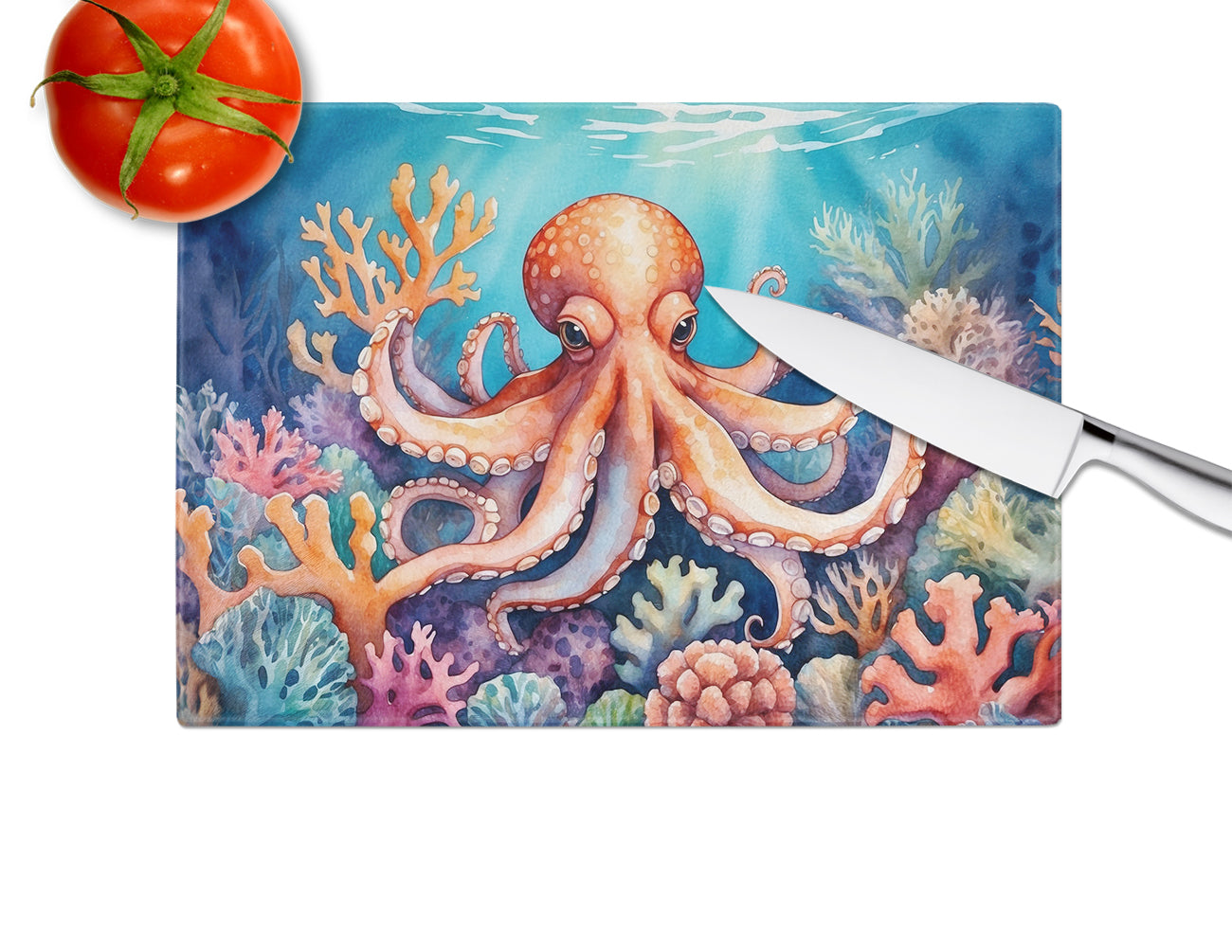 Octopus Among Coral Glass Cutting Board