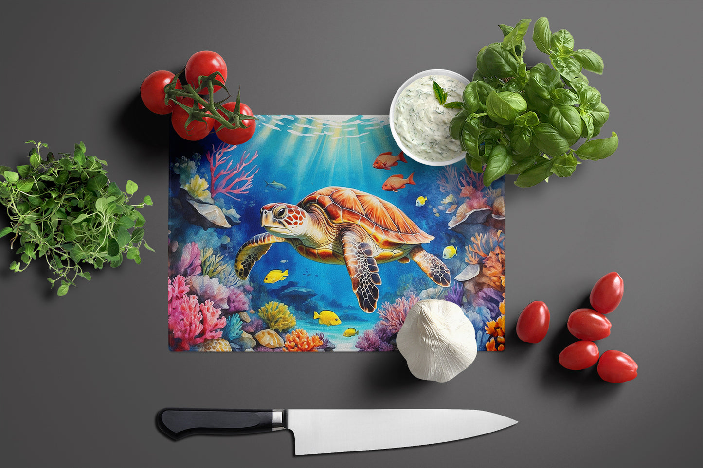 Turtle and Reefs Glass Cutting Board