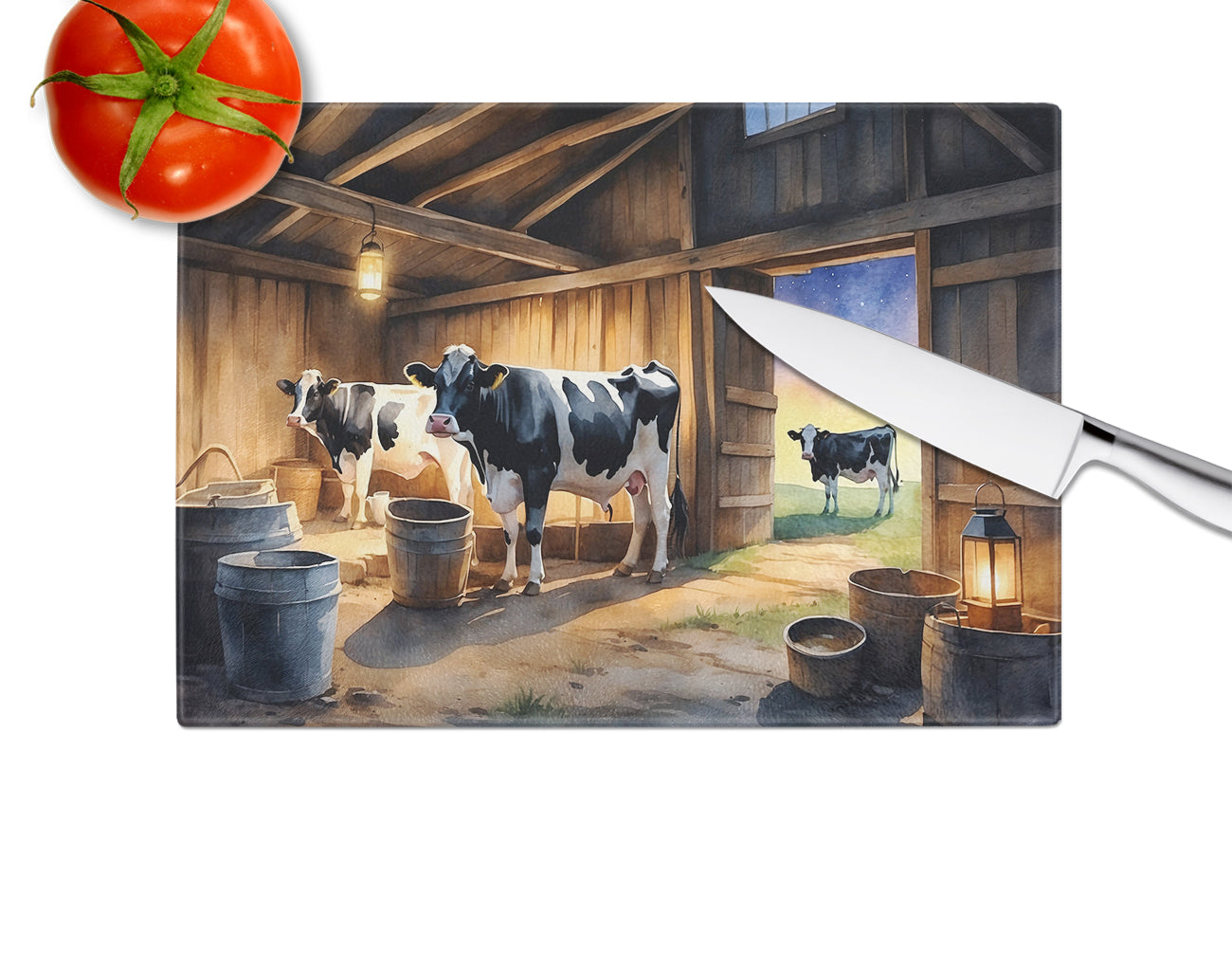 Cows Evening Milking Time Glass Cutting Board