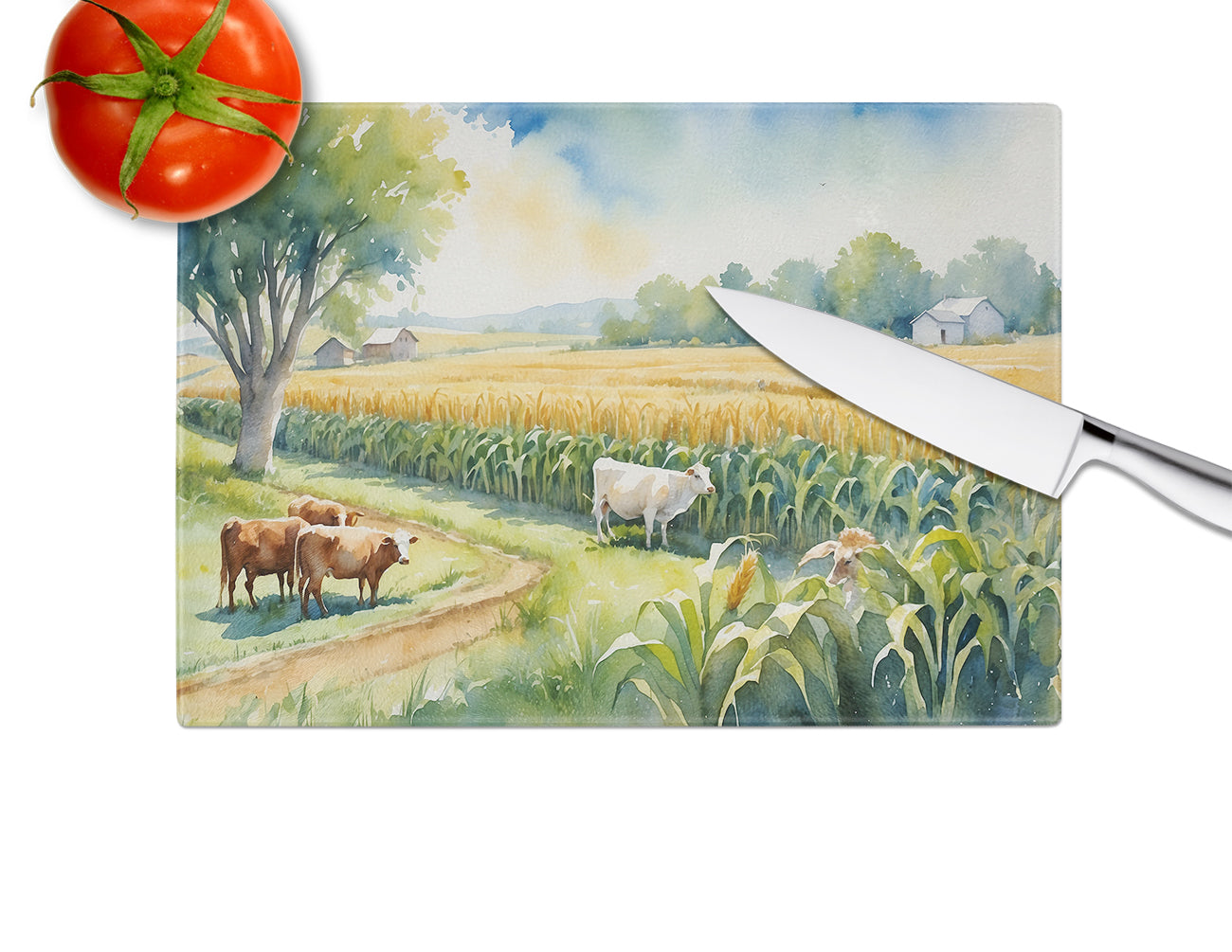 Cows by the Cornfield Glass Cutting Board