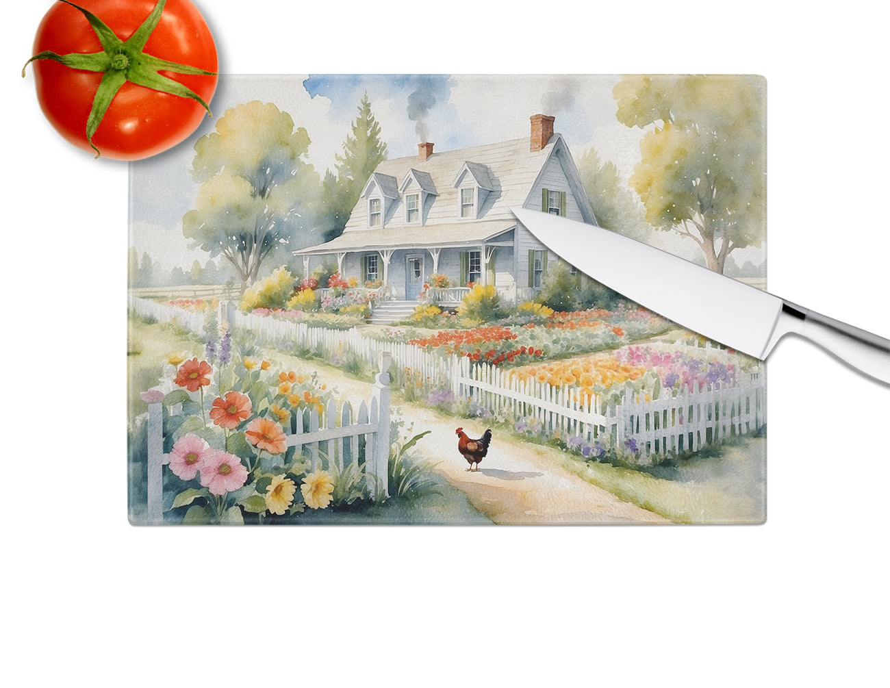 Chicken Farmhouse Garden Glass Cutting Board