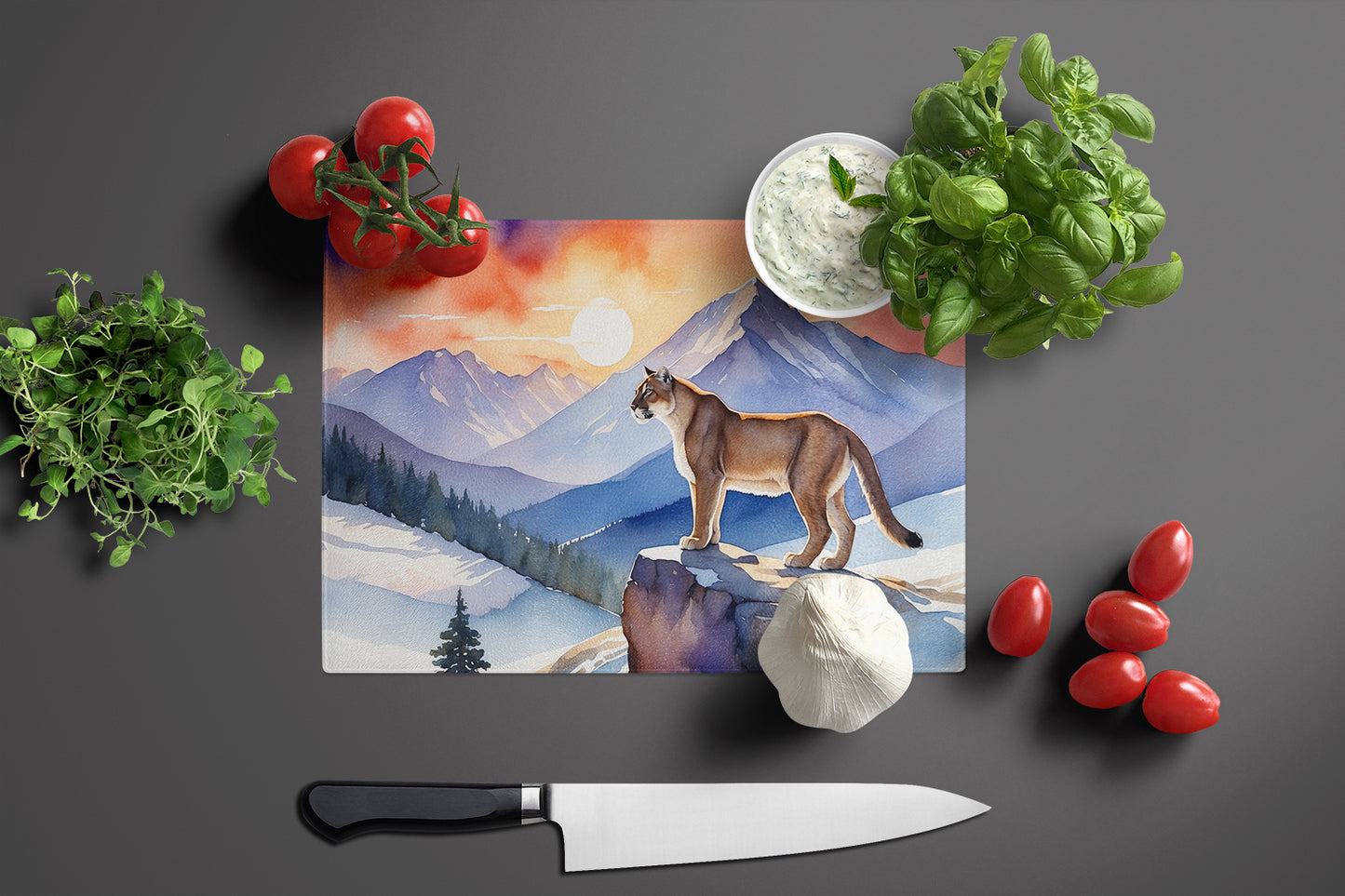 Mountain Majesty Lion Glass Cutting Board