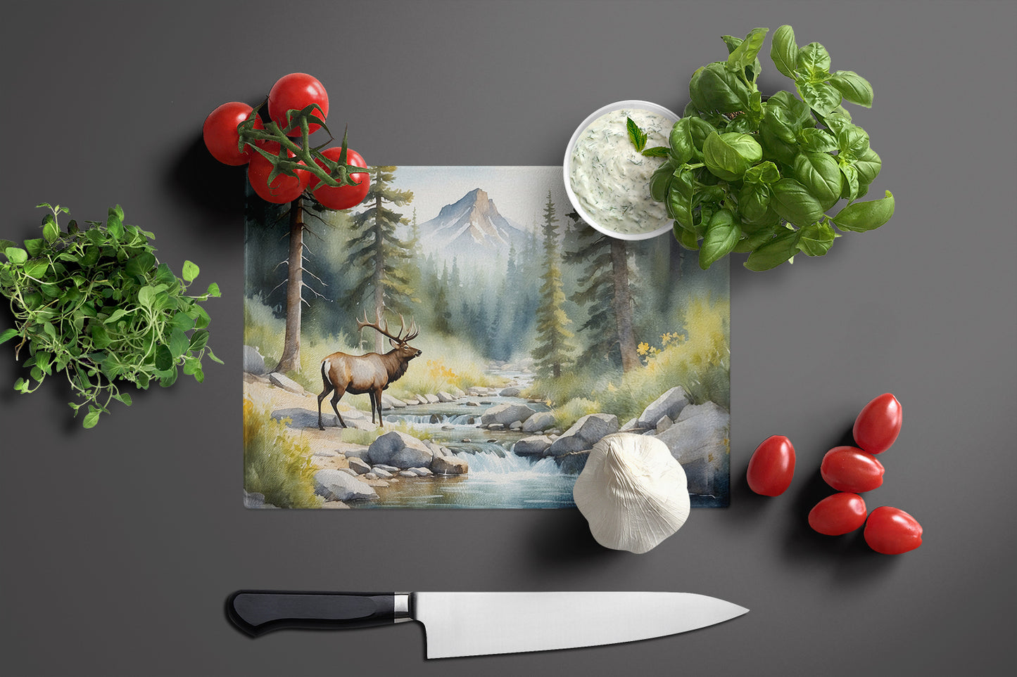 Mountain Stream Elk Glass Cutting Board