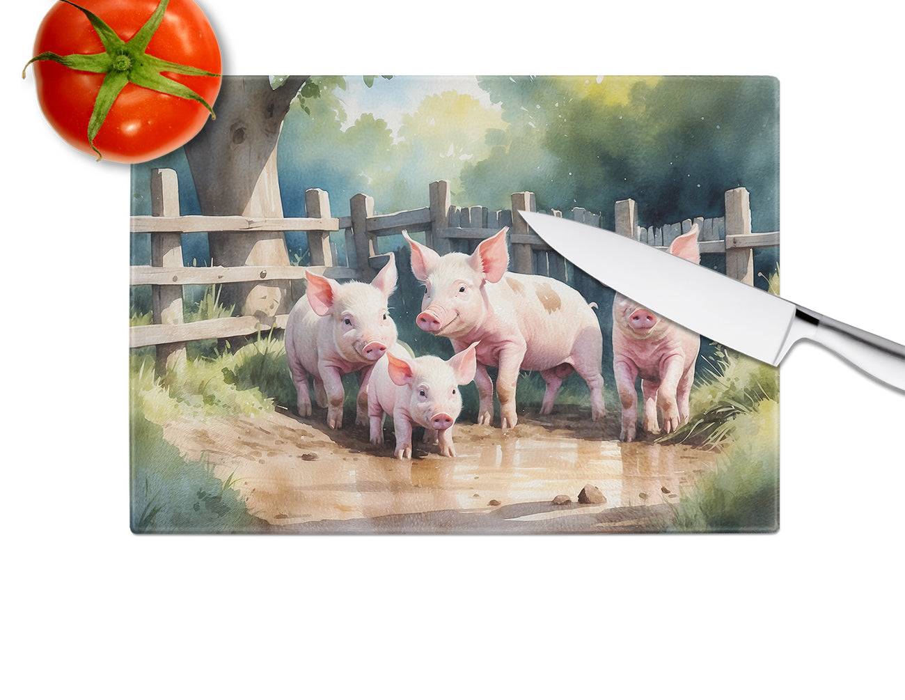 Piglets in the Mud Glass Cutting Board