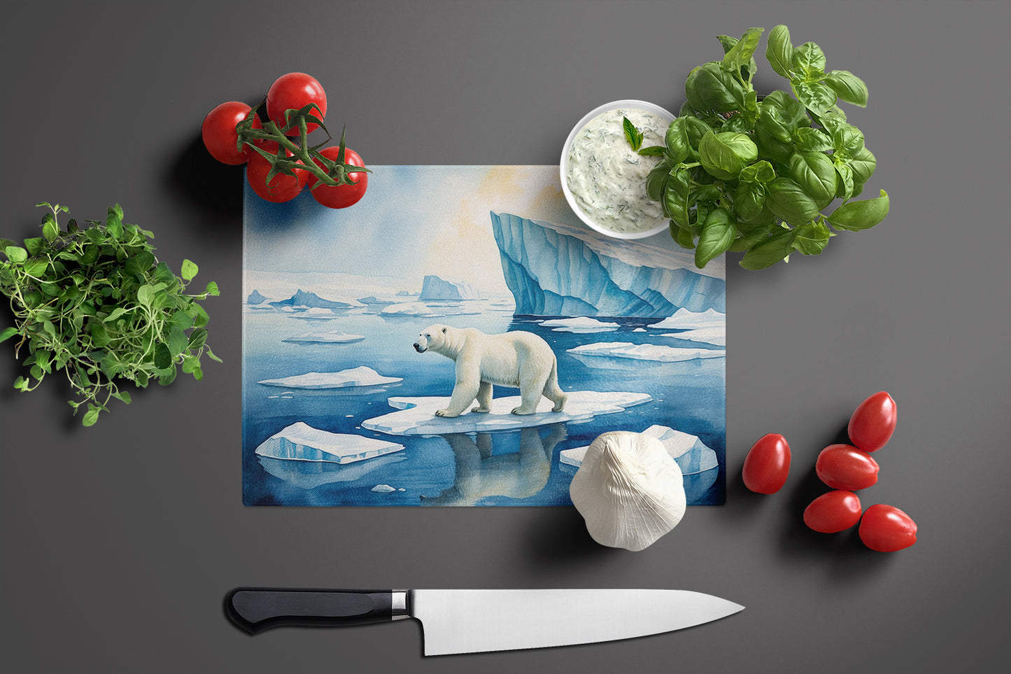 Polar Bear on the Ice Glass Cutting Board