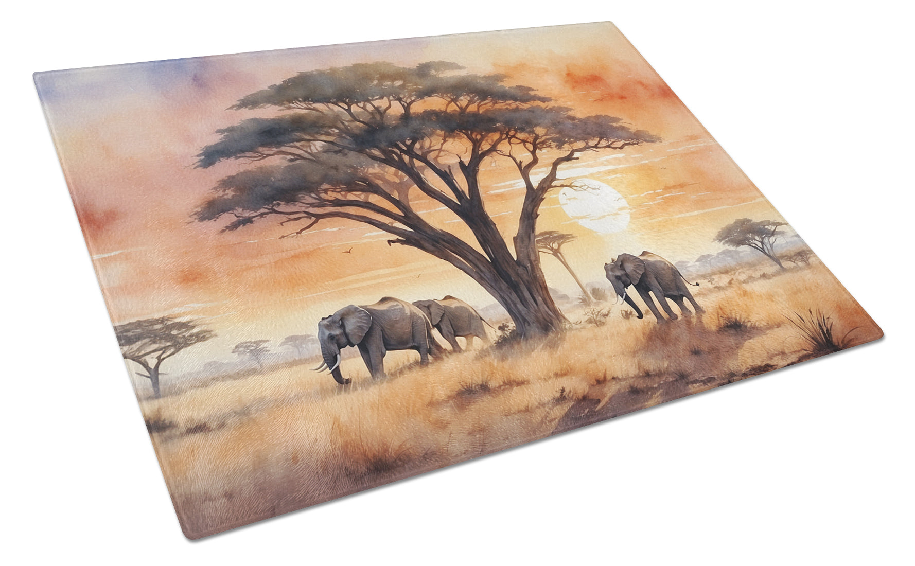 Buy this Elephants Savanna Sunrise Glass Cutting Board