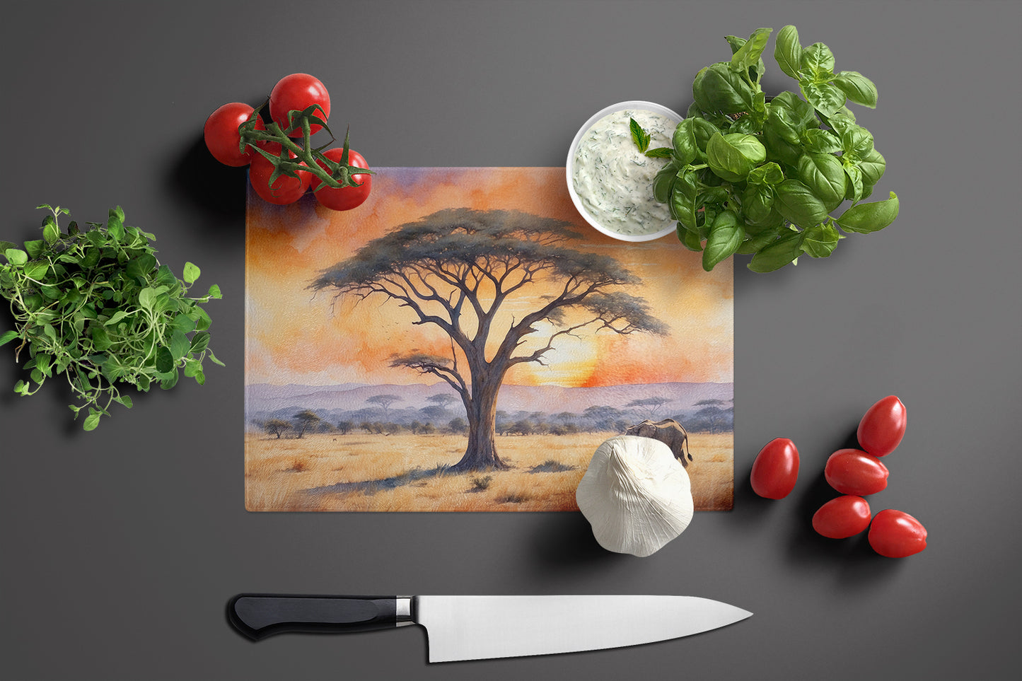 Elephants Savanna Sunrise Glass Cutting Board