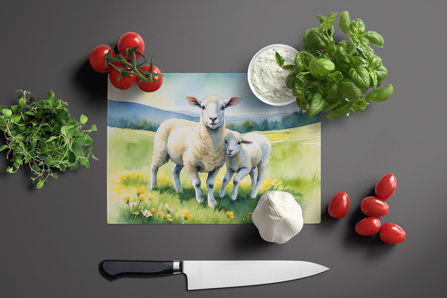 Springtime Lambs Glass Cutting Board