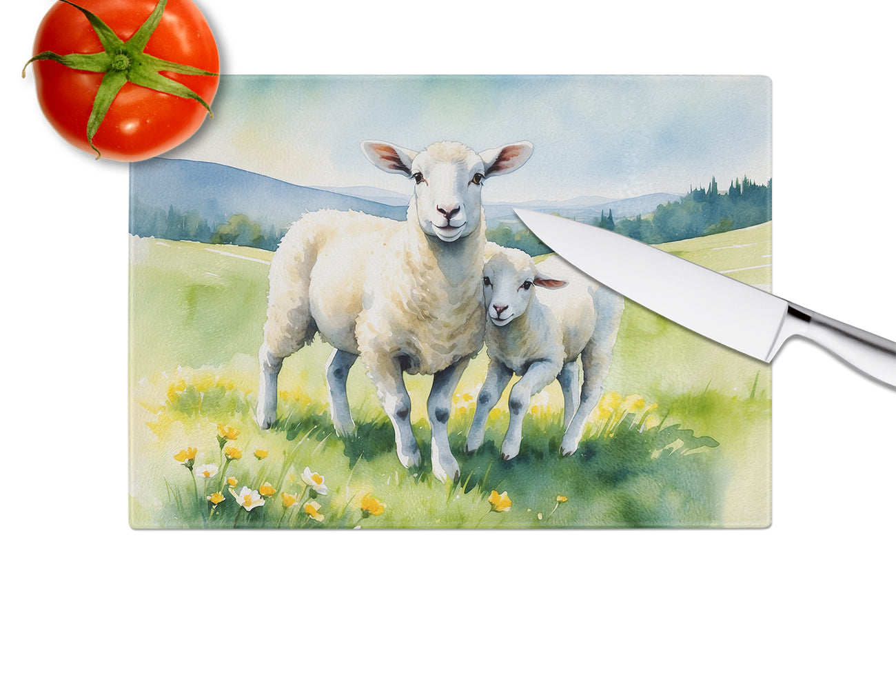 Springtime Lambs Glass Cutting Board