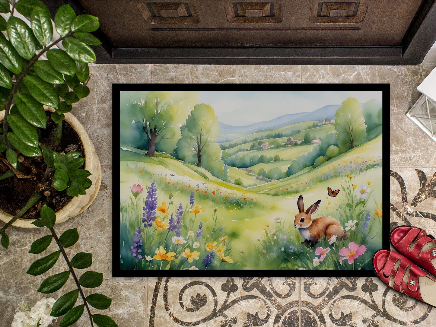 Rabbit Springtime Meadow Doormat