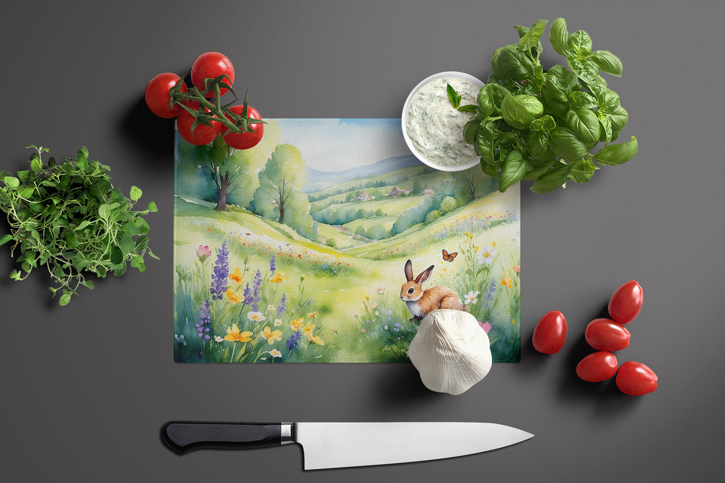 Rabbit Springtime Meadow Glass Cutting Board