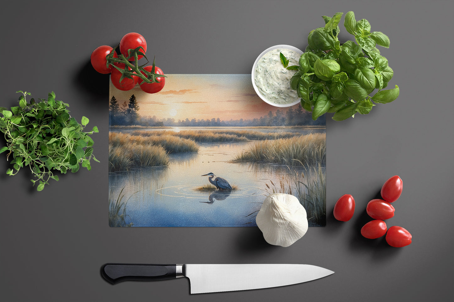 Wetland Wonders Blue Heron Glass Cutting Board